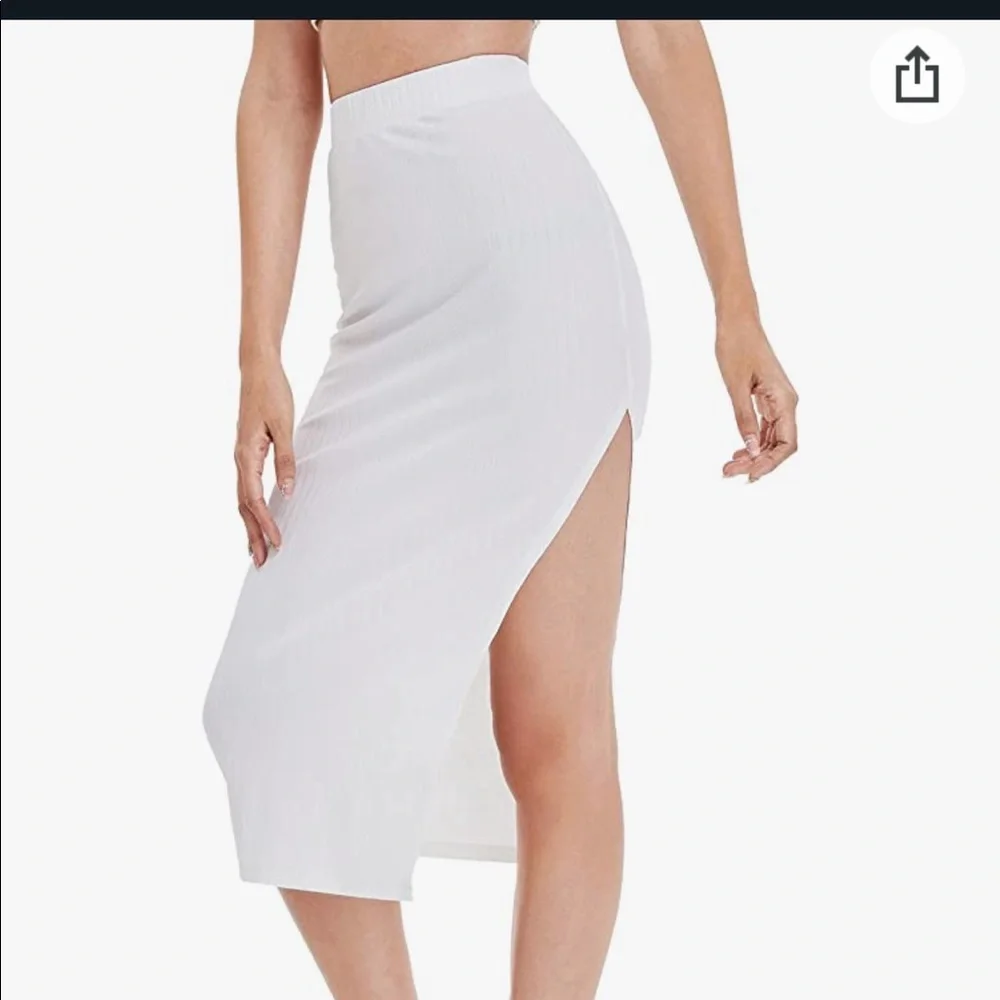 White Ribbed Knit Midi Skirt with Side Slit-sizeXL